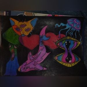 Hand Made Dark Trippy Collage Drawing (30-9in x 12in)